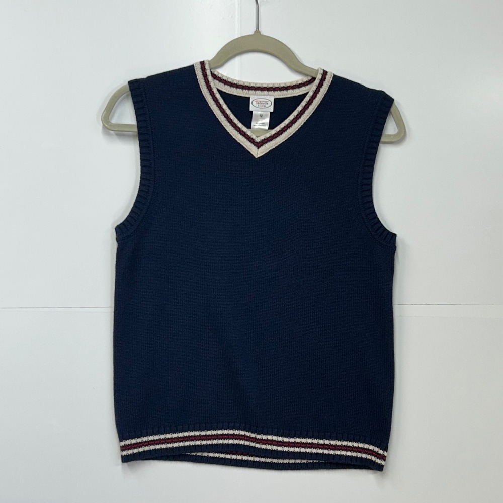 Talbots Kids Navy Blue Cotton Knit V-Neck Sweater Vest Striped Trim Size 12 NEW